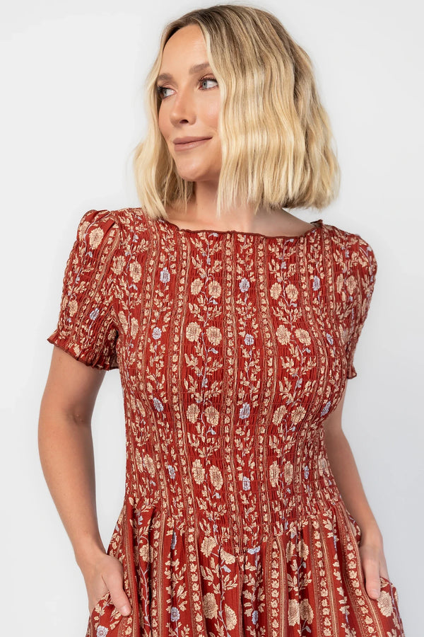 Rhonda Smocked Midi Dress | Rust Print