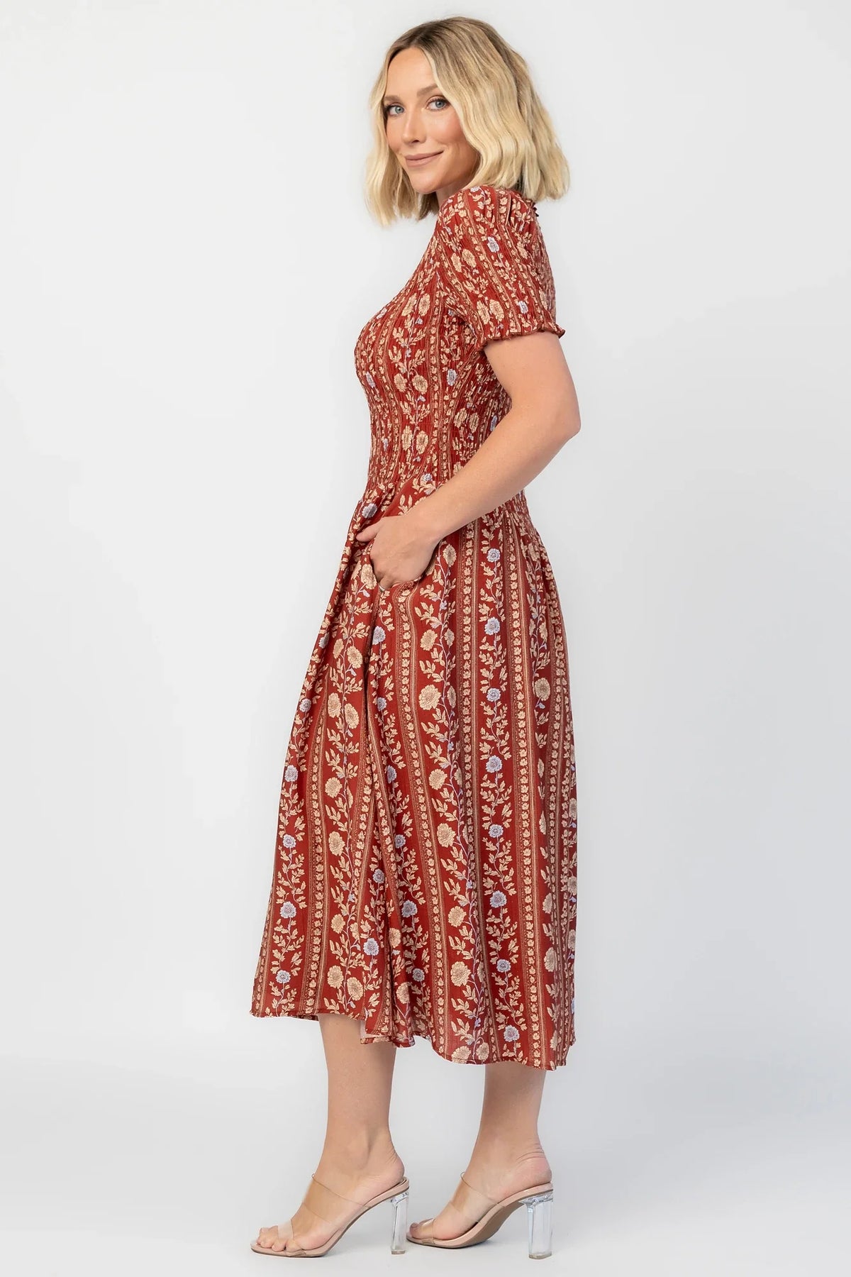 Rhonda Smocked Midi Dress | Rust Print