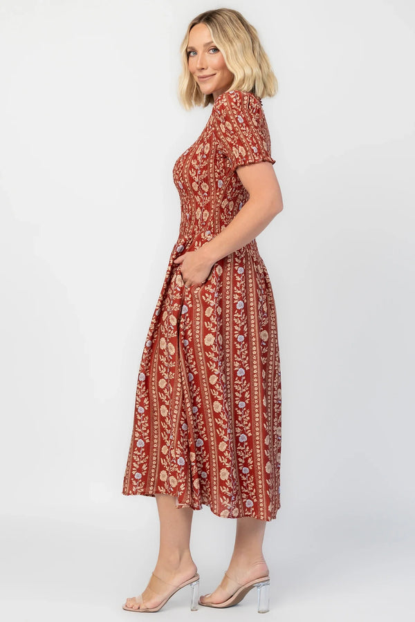 Rhonda Smocked Midi Dress | Rust Print
