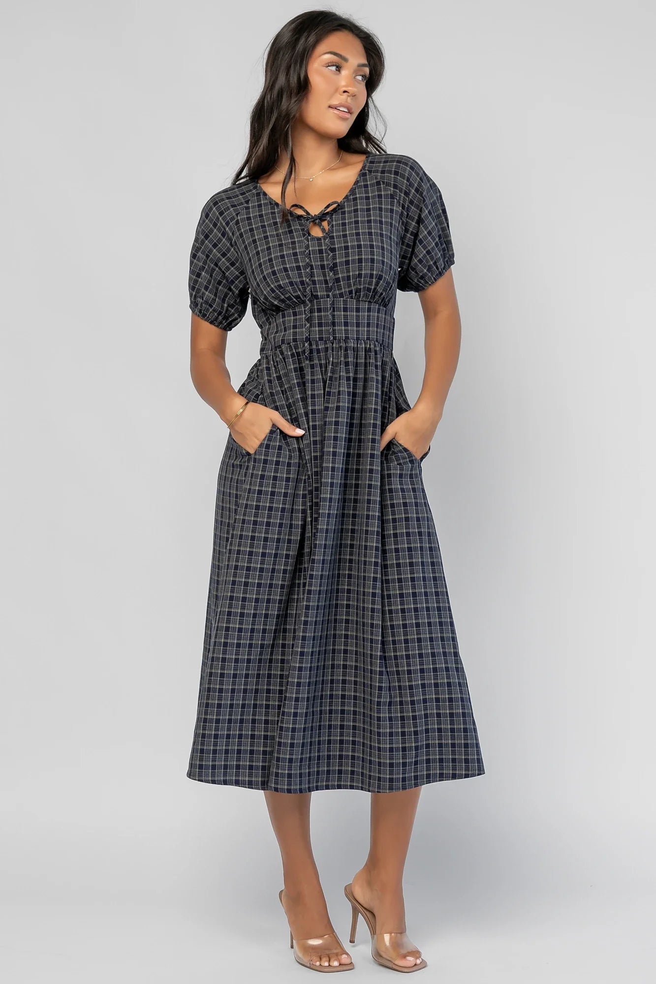 Rosalyn Midi Dress | Navy Plaid Secondary image