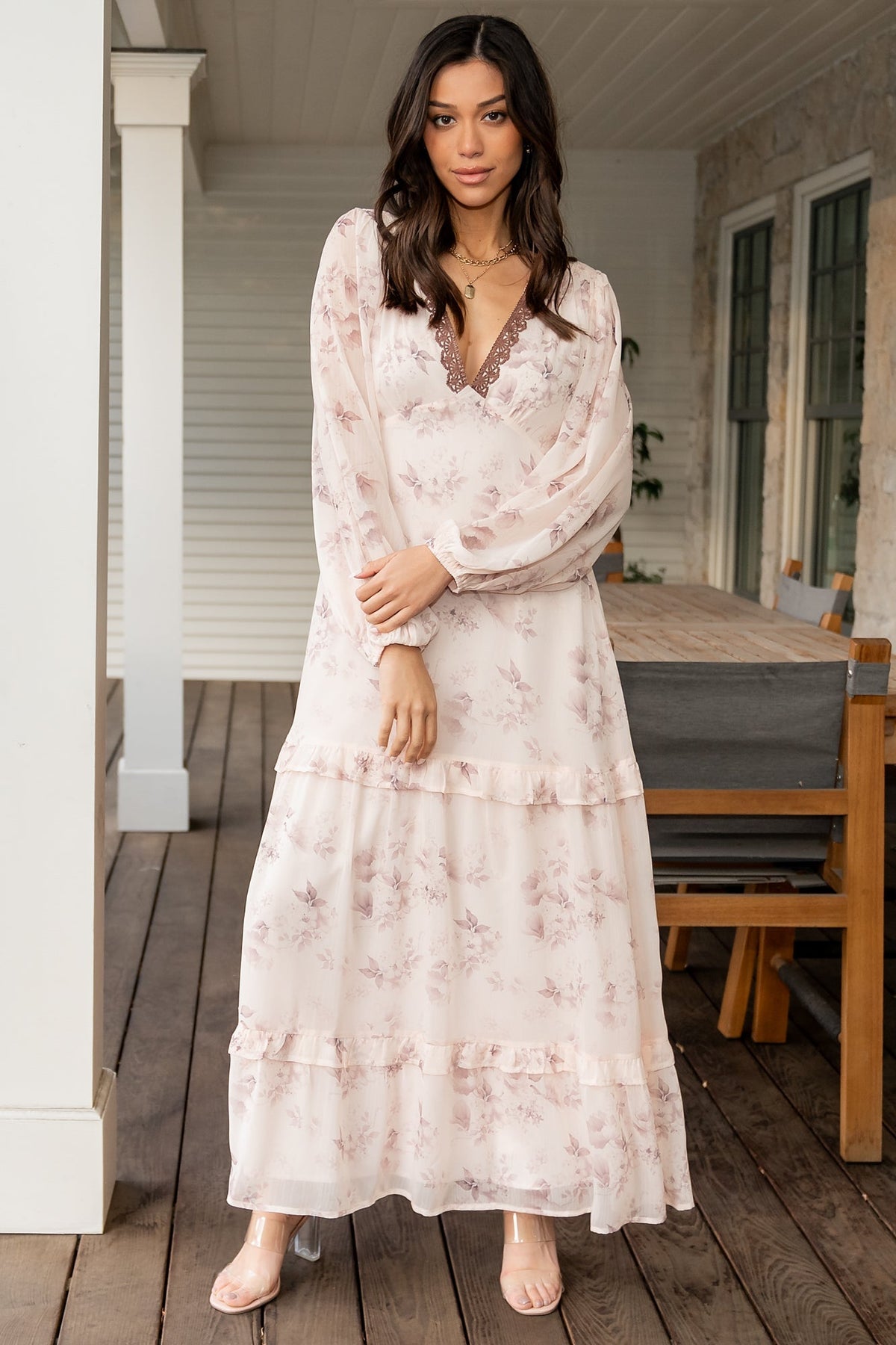 Rumi Deep V Maxi Dress | Beige + Clove Floral Main image