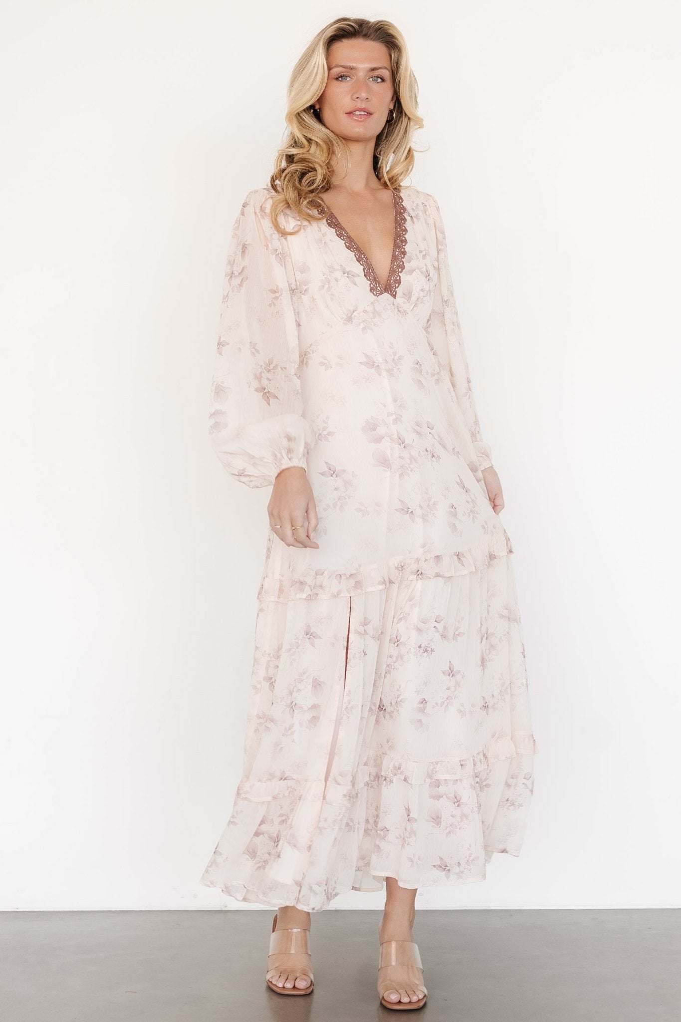 Rumi Deep V Maxi Dress | Beige + Clove Floral Secondary image
