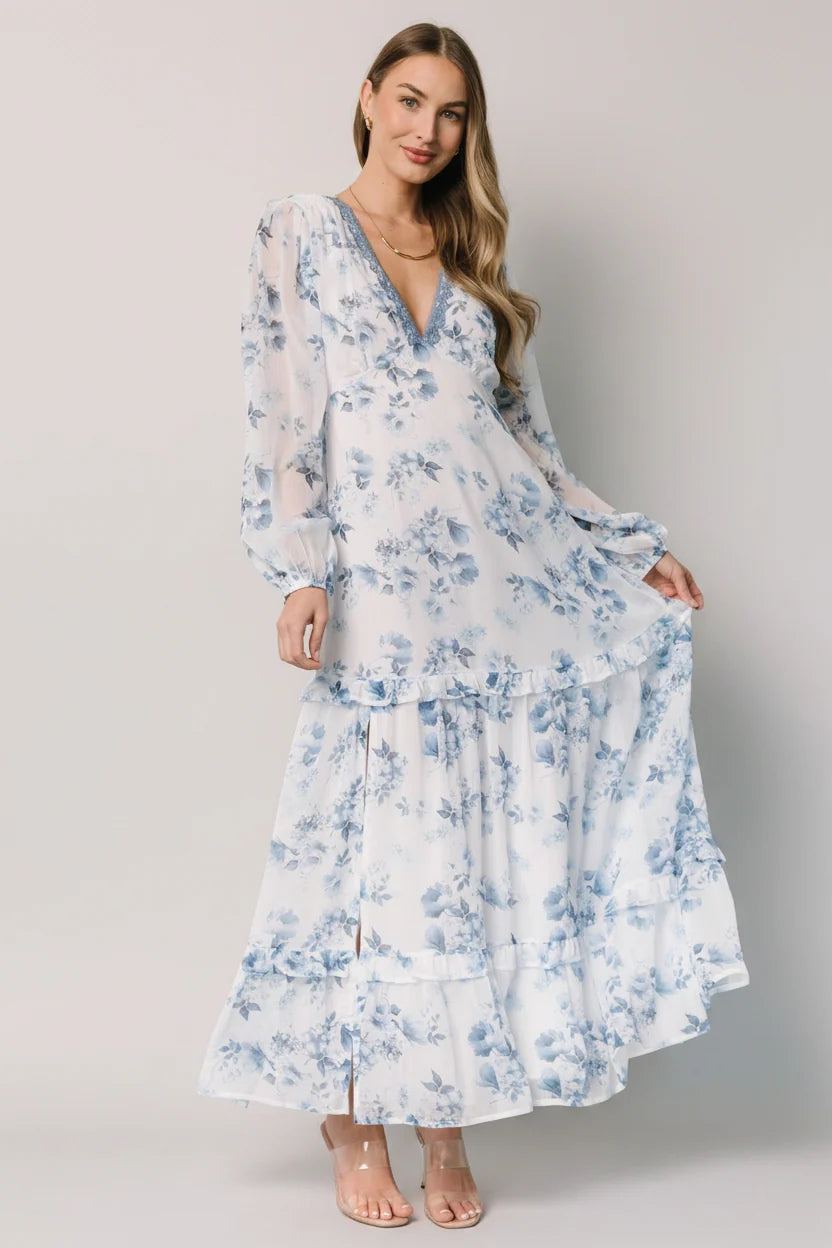 Rumi Deep V Maxi Dress | Off White + Blue Floral Main image