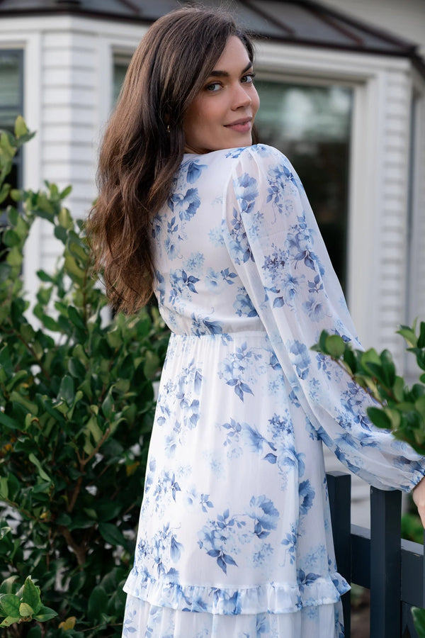 Rumi Deep V Maxi Dress | Off White + Blue Floral