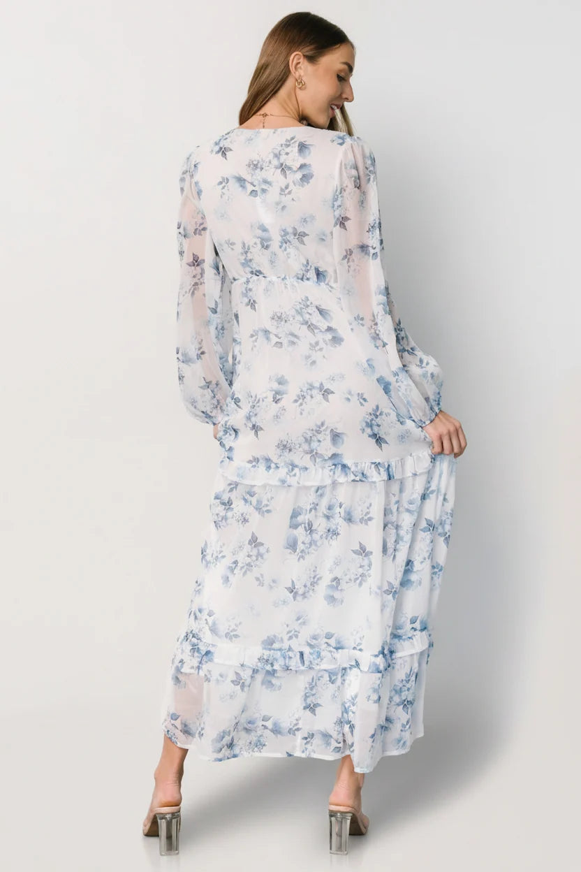 Rumi Deep V Maxi Dress | Off White + Blue Floral