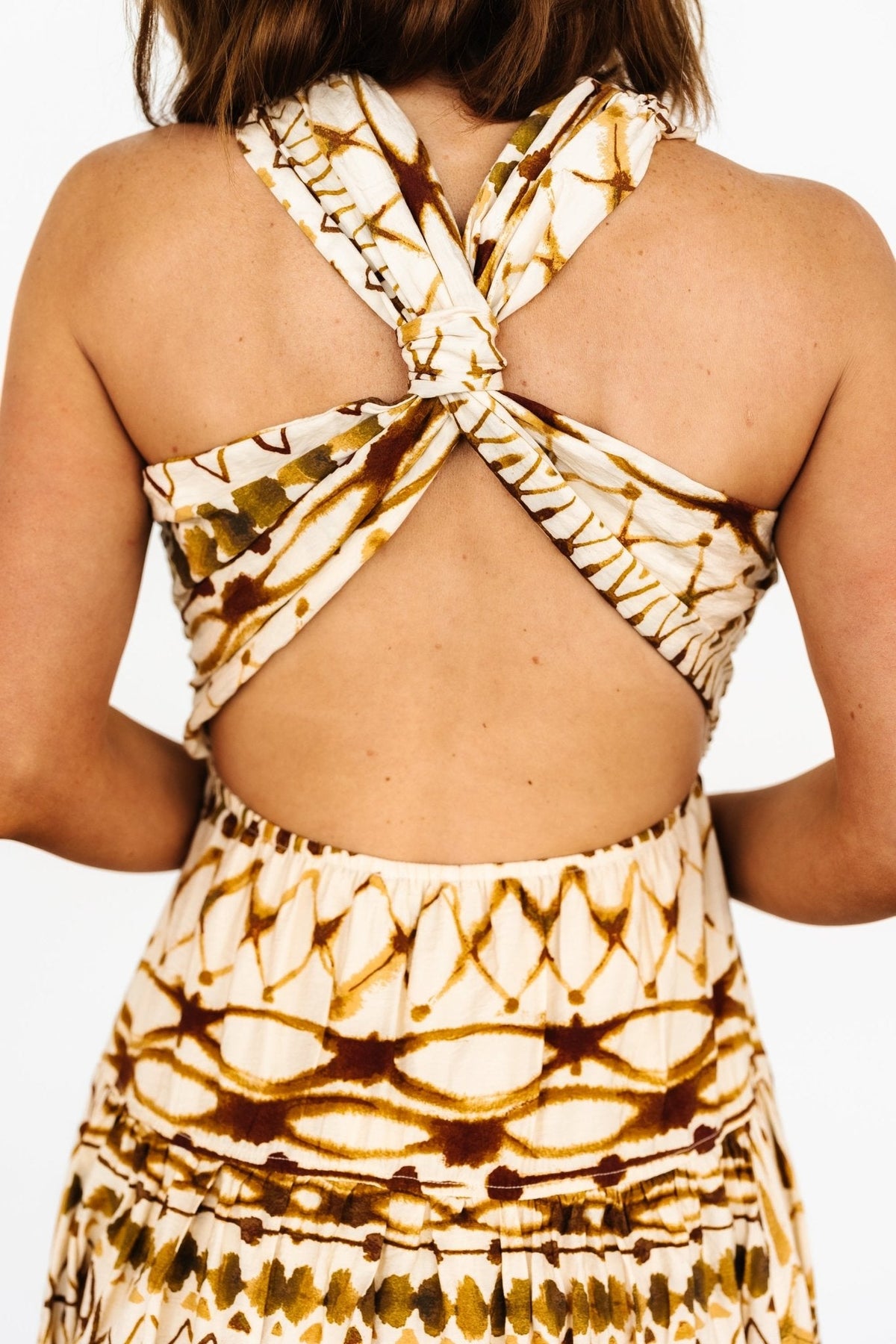 Seraphina Open Back Midi Dress | Tan Multi