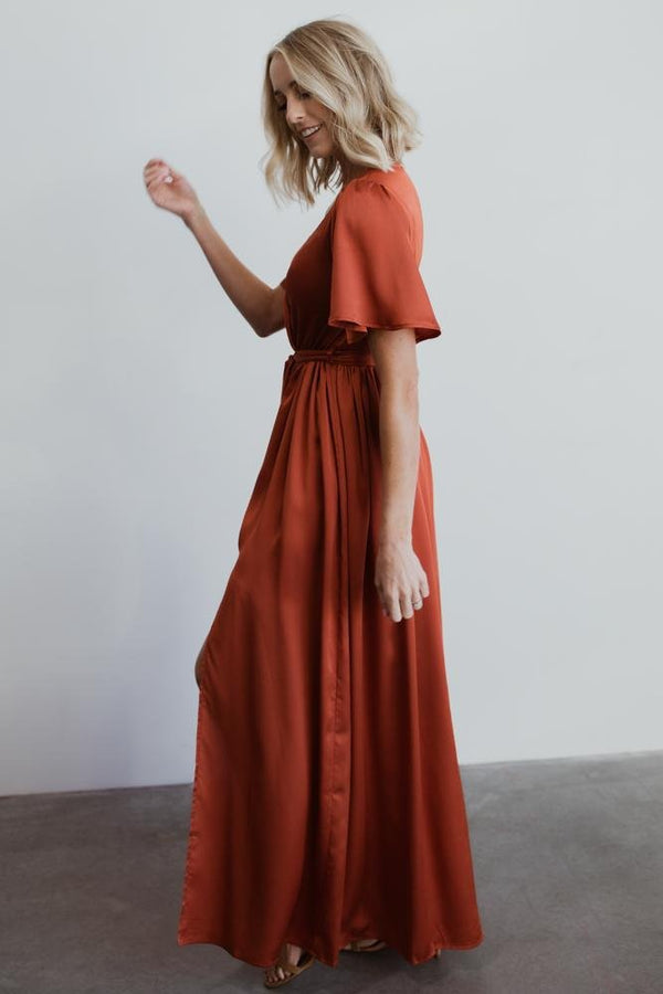Sicily Satin Maxi Dress | Rust