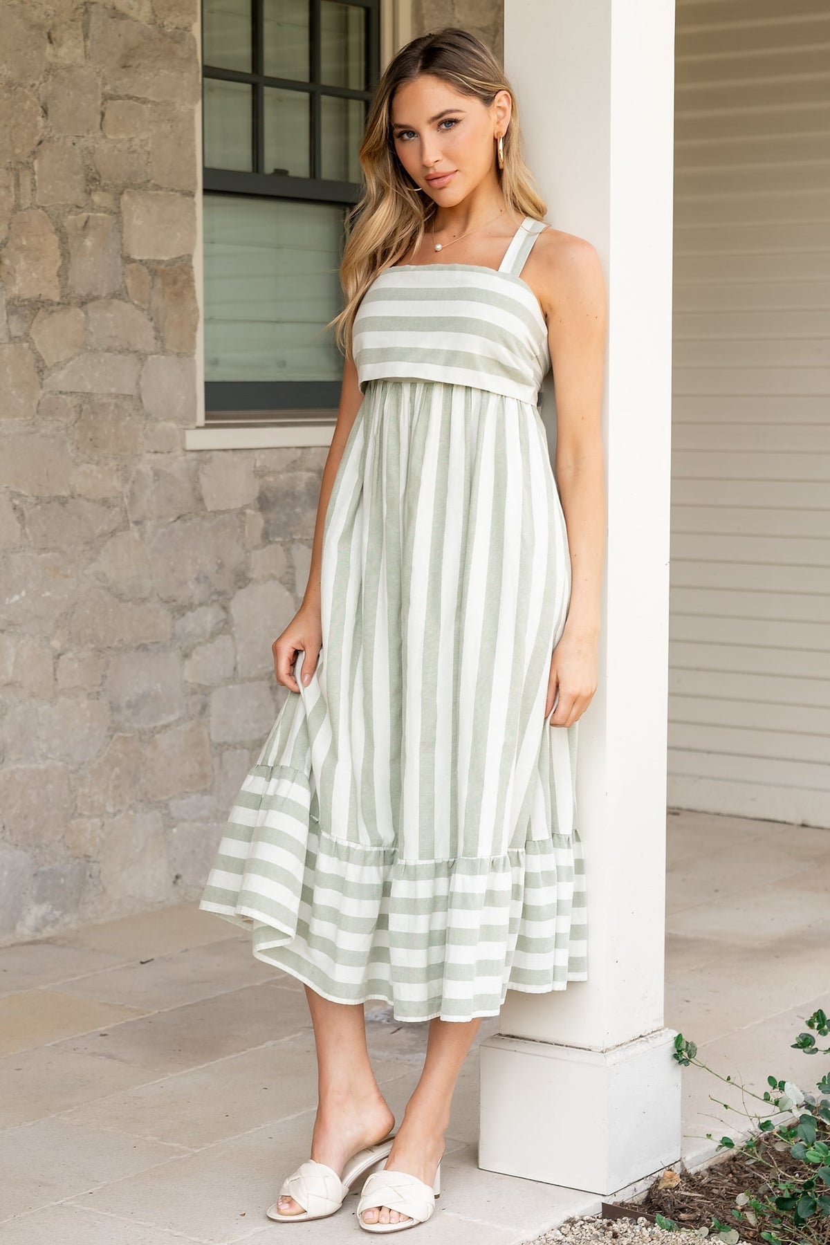 Soren Tie Back Dress | Sage Stripe Main image