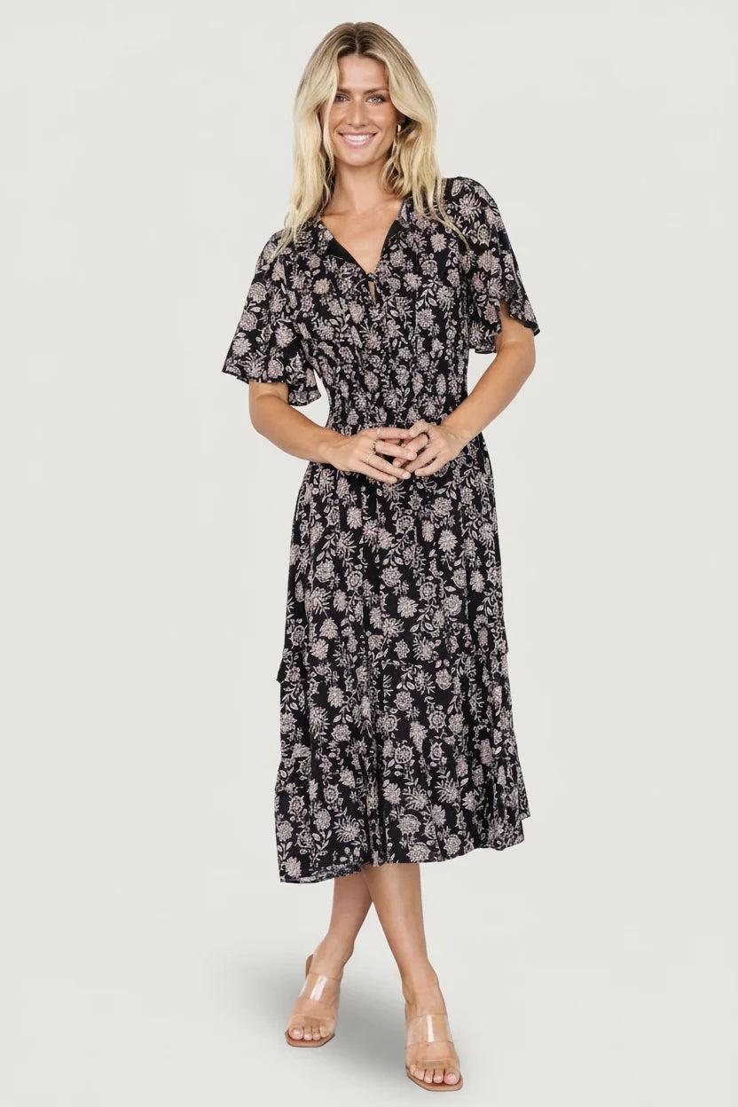 Spell Boho Midi Dress | Black + Taupe Floral Main image