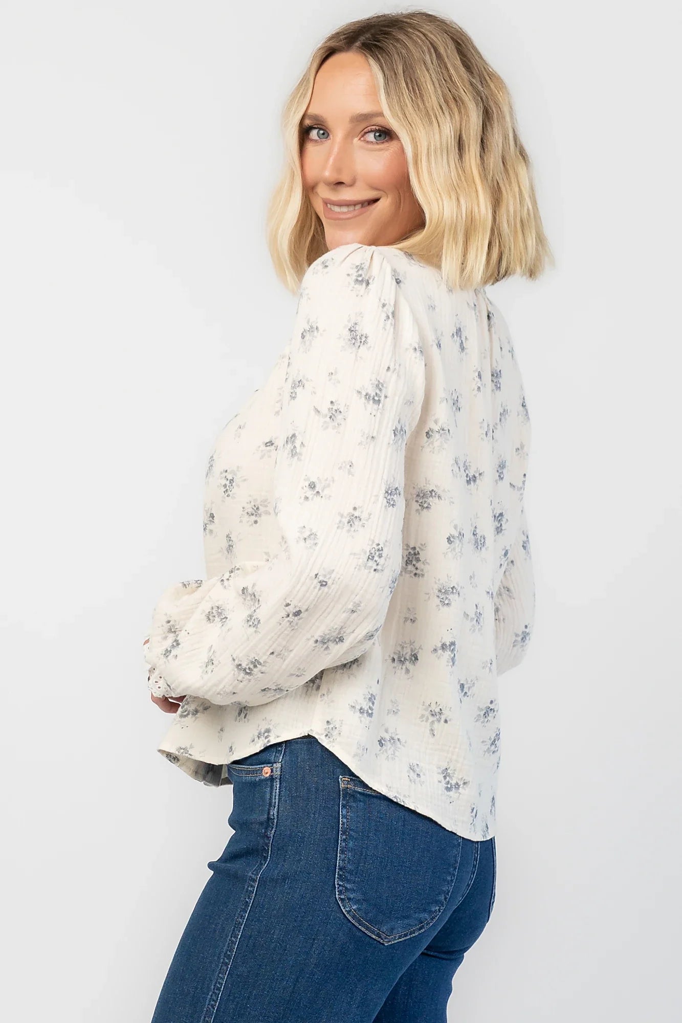Stephanie Button Front Blouse | Ivory + Blue Floral Secondary image