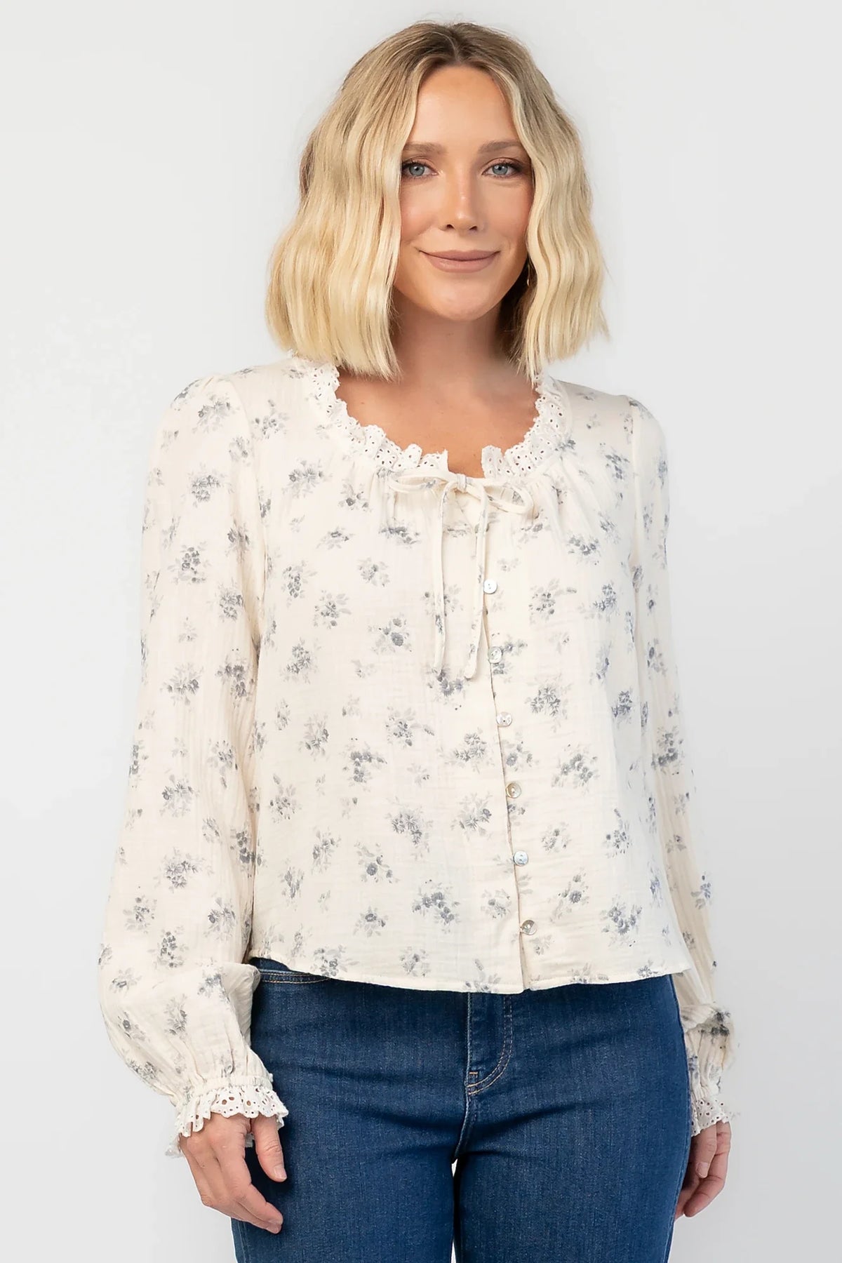 Stephanie Button Front Blouse | Ivory + Blue Floral Main image