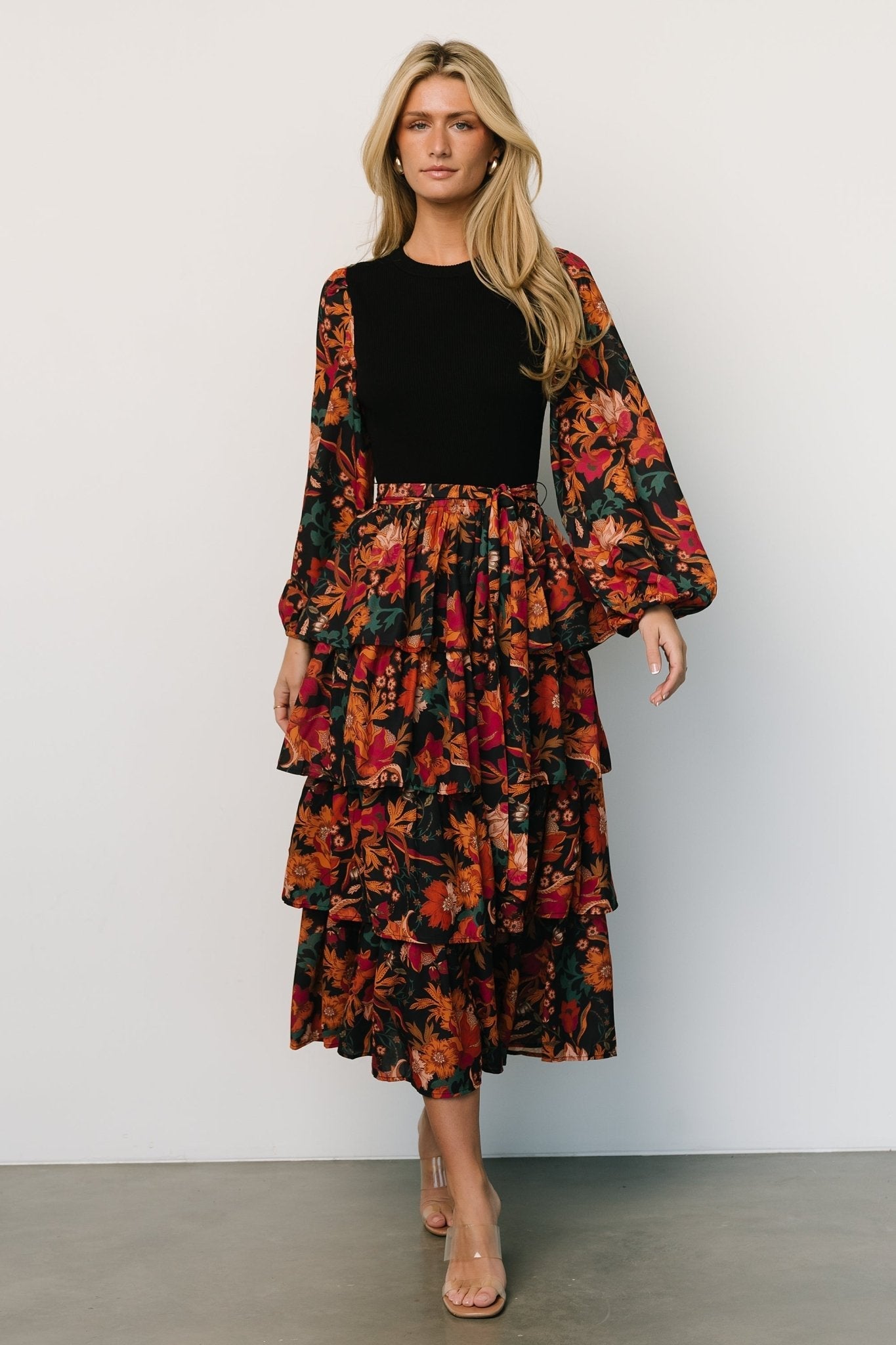Sylvie Tiered Midi Dress | Black Multi Secondary image