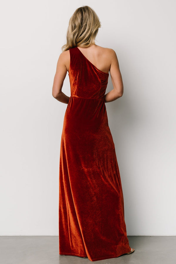 Tatiana Velvet One Shoulder Maxi Dress | Rust