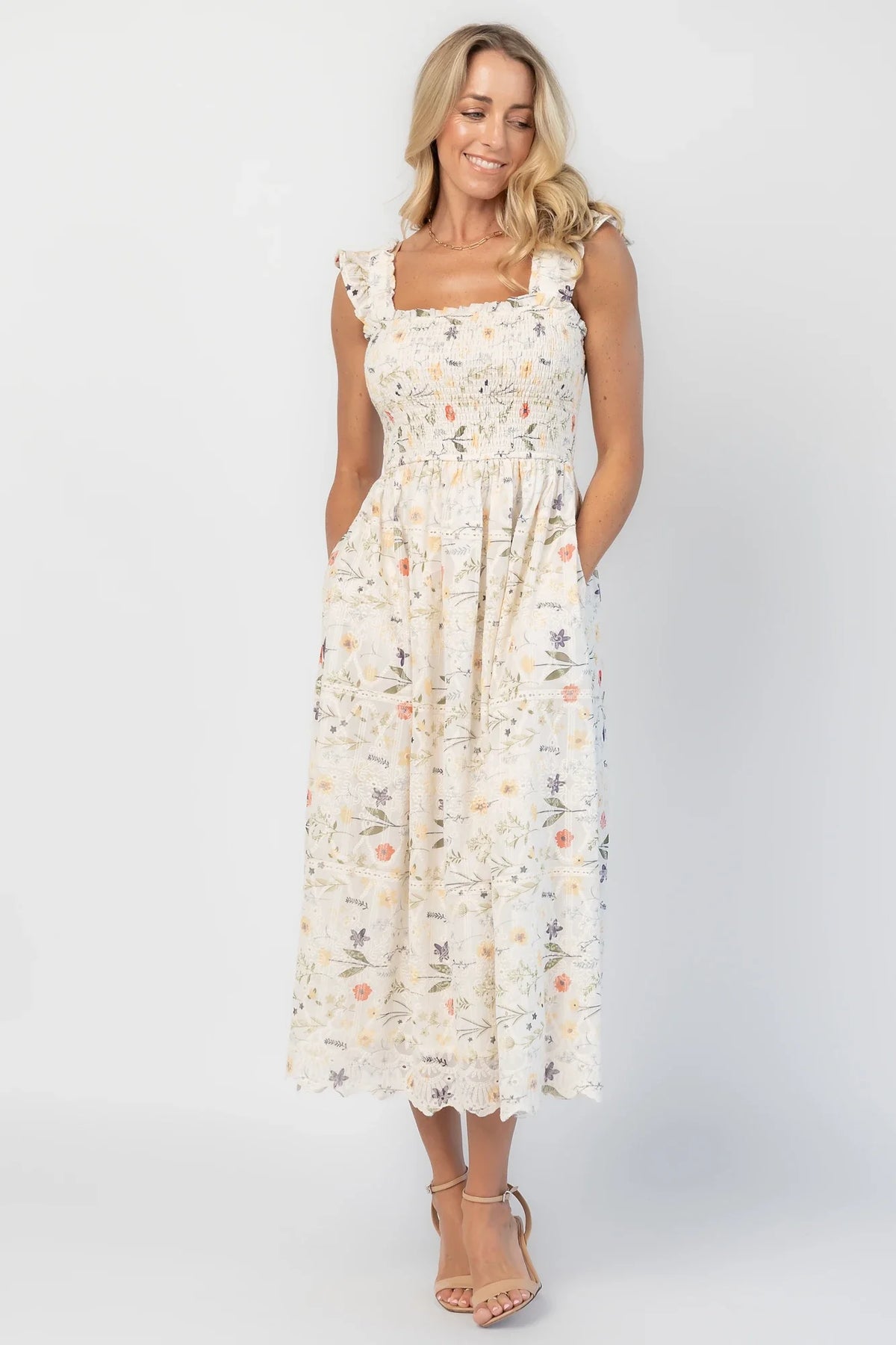 Tulia Lace Midi Dress | Cream Floral