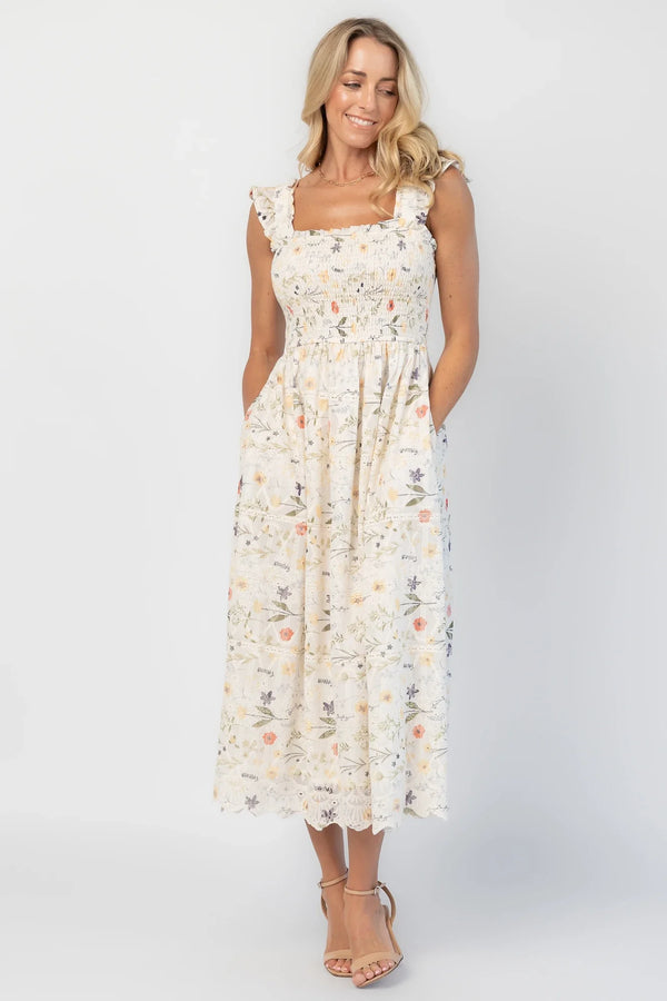 Tulia Lace Midi Dress | Cream Floral