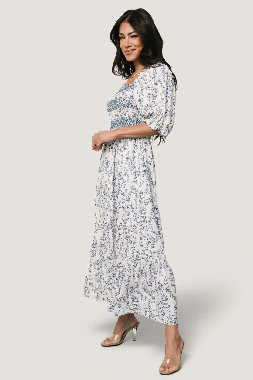 Tulsa Smocked Dress | Off White + Blue Main image