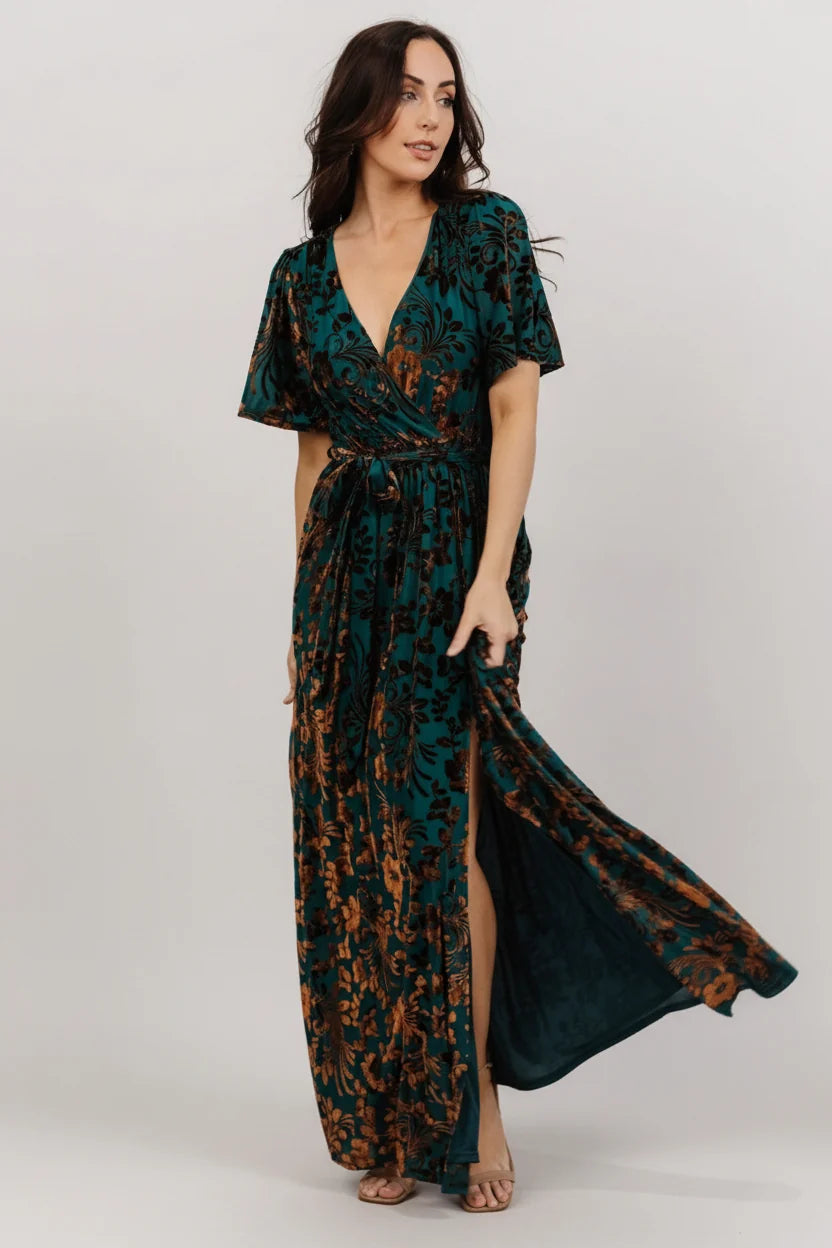 Uma Velvet Maxi Dress | Bronze + Jade