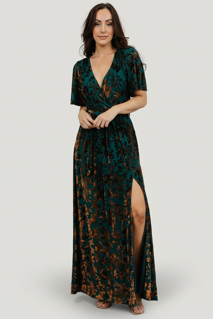 Uma Velvet Maxi Dress | Bronze + Jade