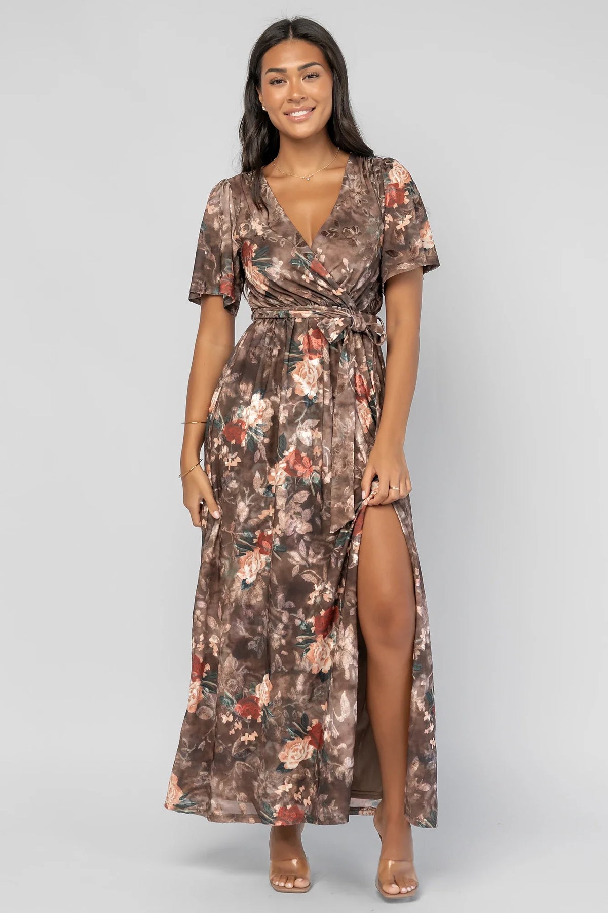 Uma Velvet Maxi Dress | Brown Floral Main image