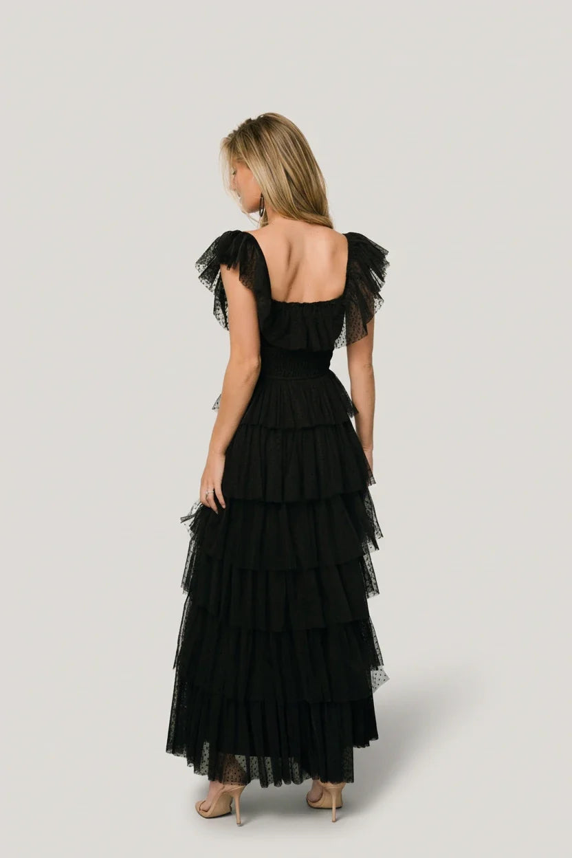 Valora Swiss Dot Tulle Maxi Dress | Black