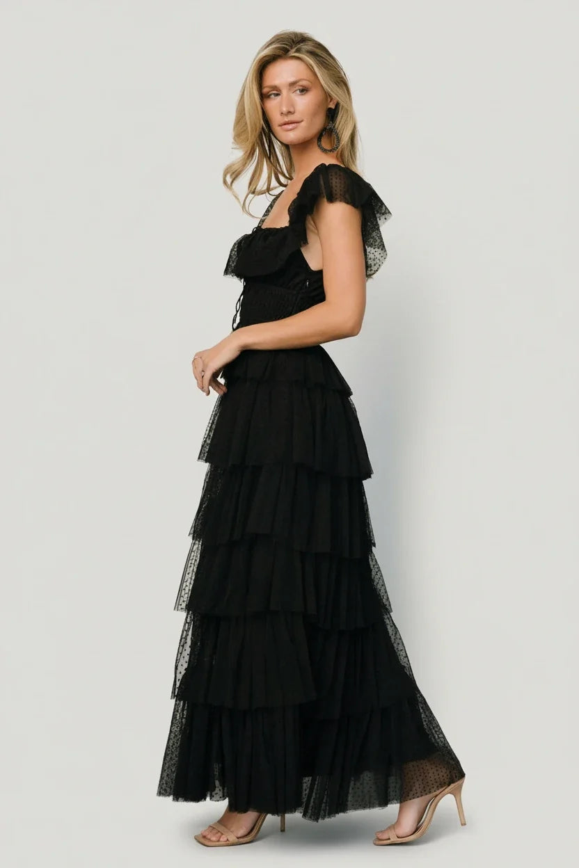 Valora Swiss Dot Tulle Maxi Dress | Black