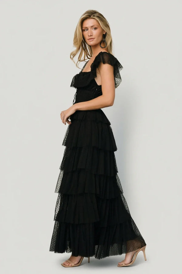 Valora Swiss Dot Tulle Maxi Dress | Black