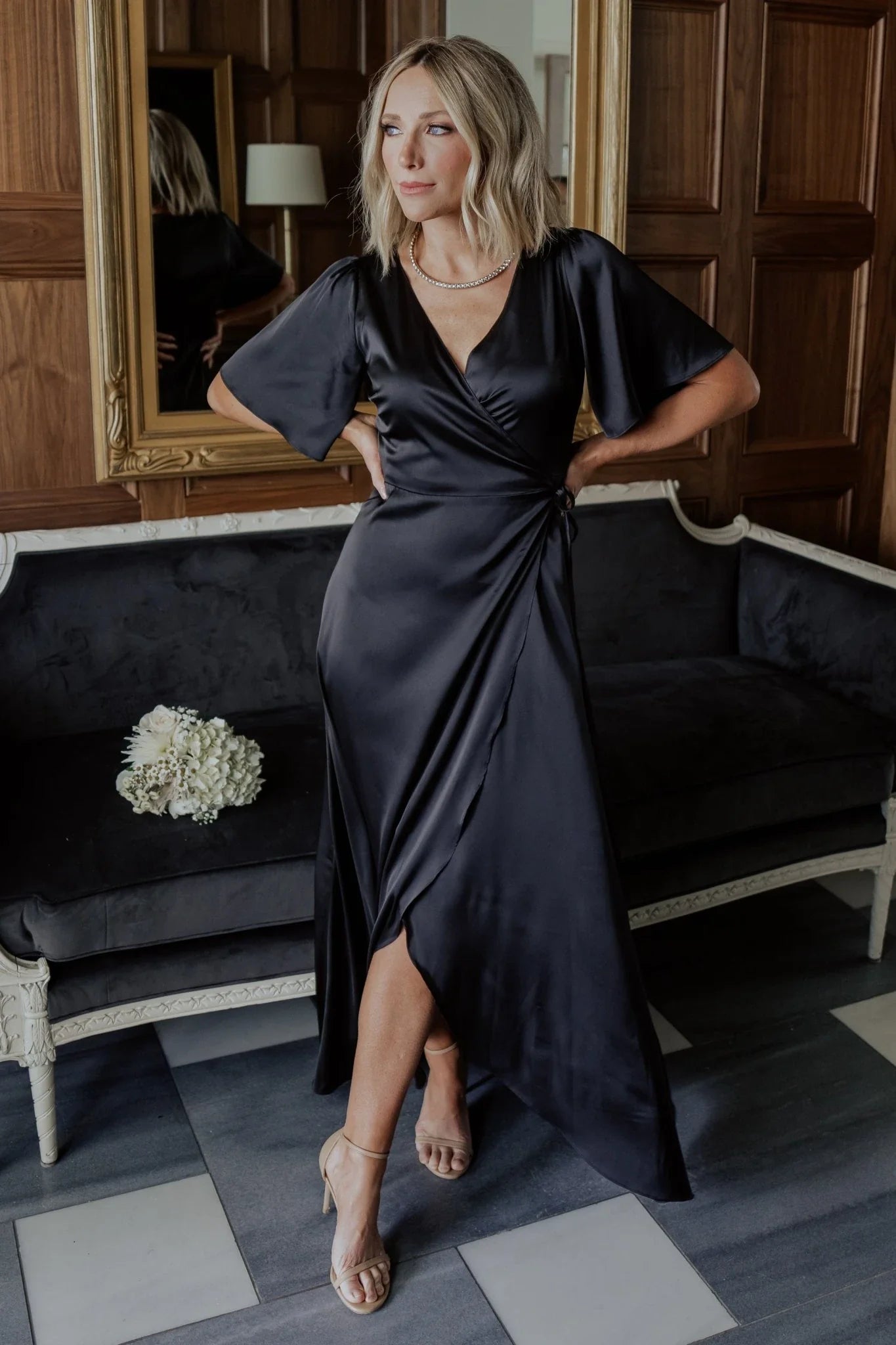 Vara Satin Maxi Wrap Dress | Black Secondary image