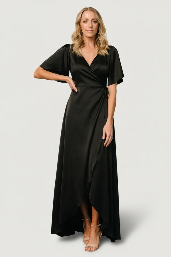Vara Satin Maxi Wrap Dress | Black