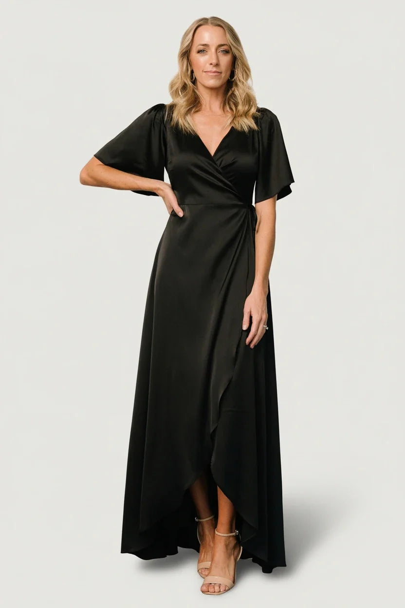 Vara Satin Maxi Wrap Dress | Black Main image