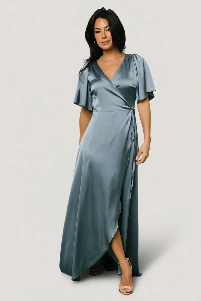Vara Satin Maxi Wrap Dress | Dusty Blue Main image
