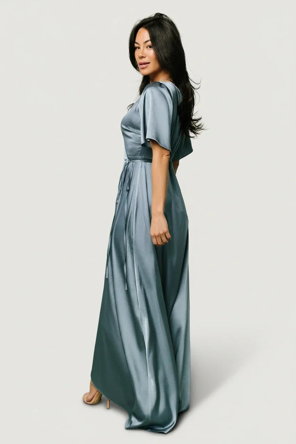Vara Satin Maxi Wrap Dress | Dusty Blue