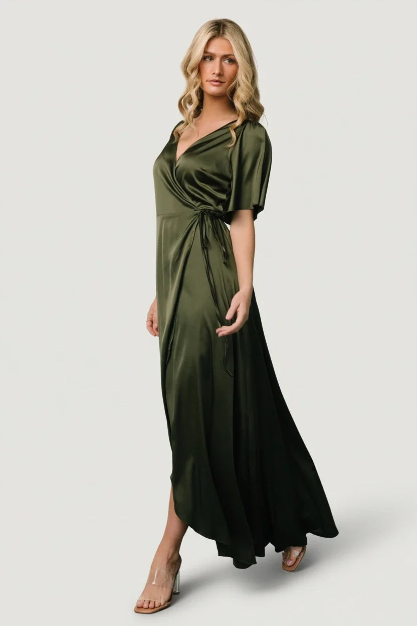 Vara Satin Maxi Wrap Dress | Juniper Green