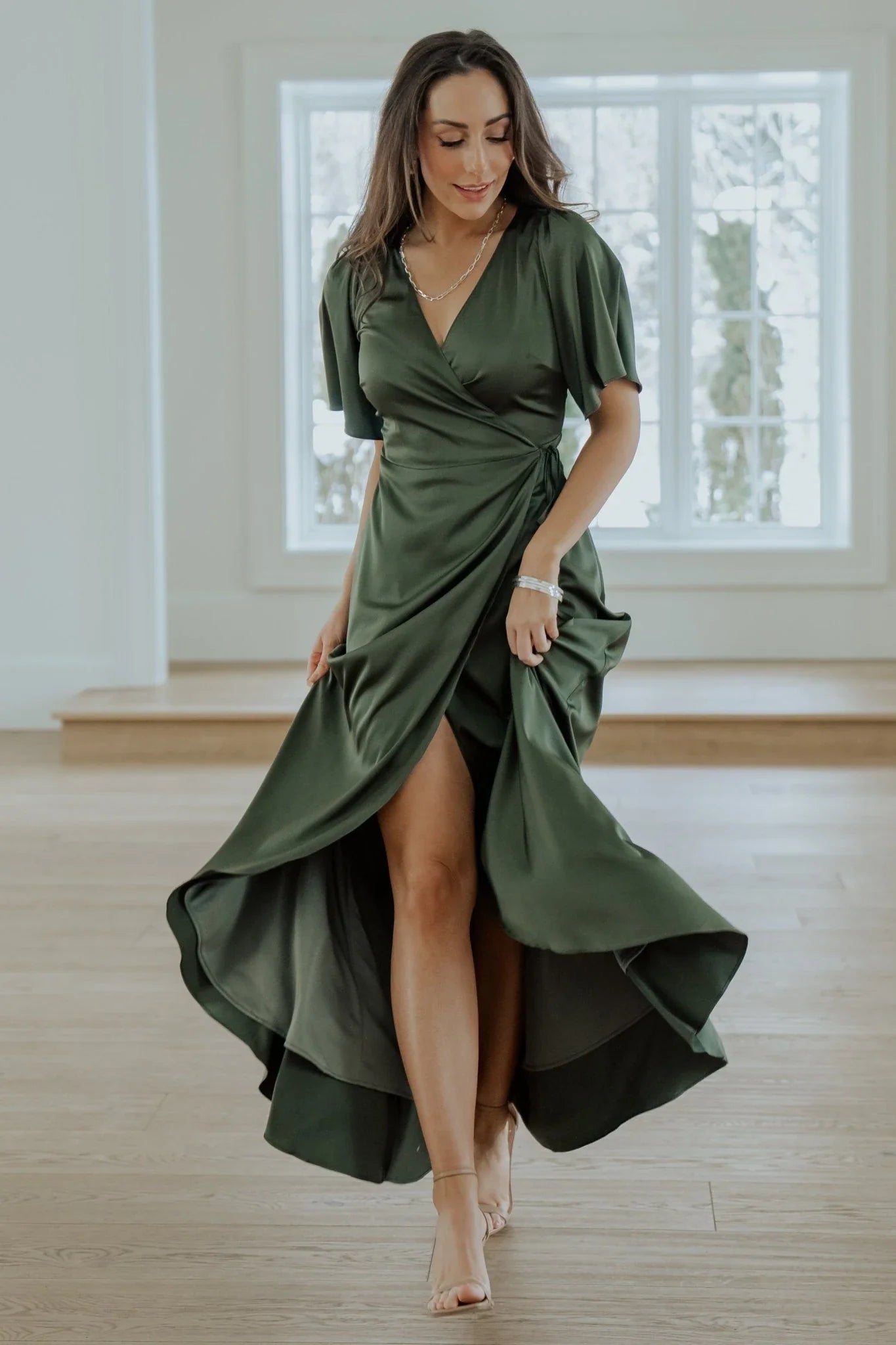 Vara Satin Maxi Wrap Dress | Juniper Green Secondary image