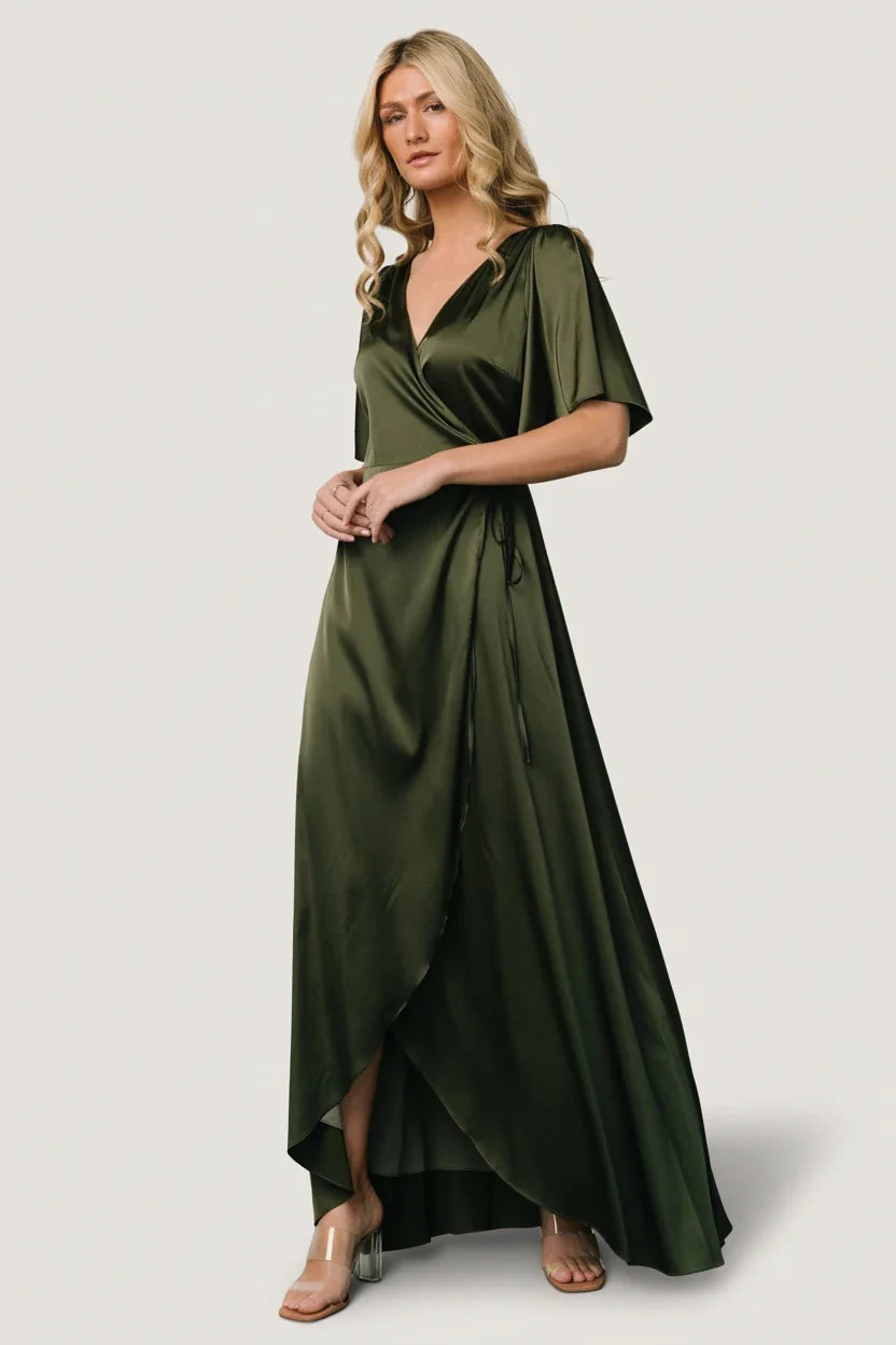 Vara Satin Maxi Wrap Dress | Juniper Green