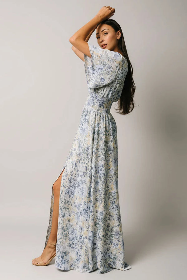 Verona Smocked Maxi Dress | White + Blue Print