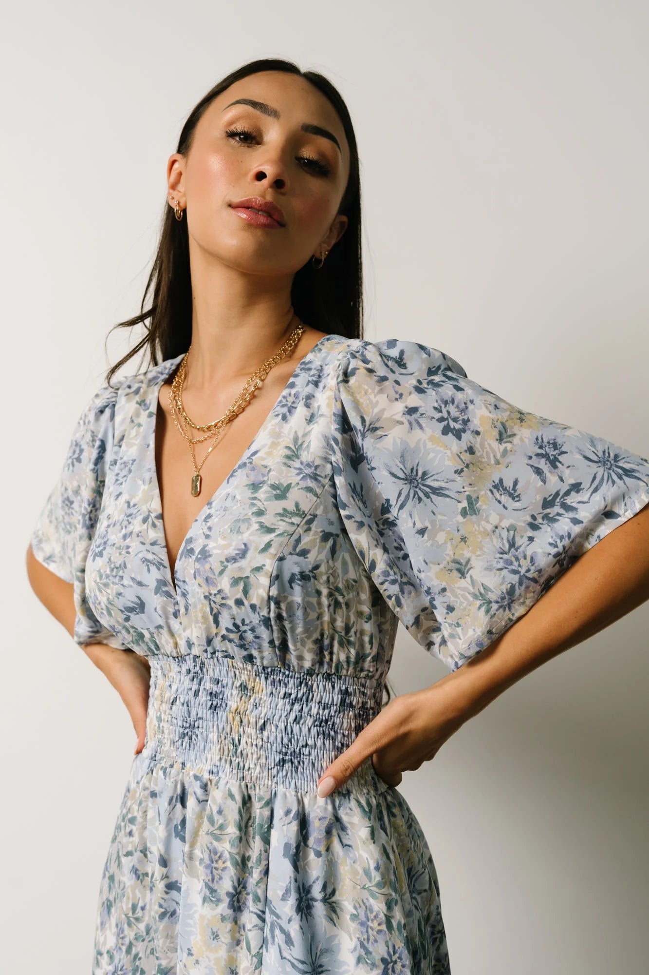 Verona Smocked Maxi Dress | White + Blue Print Secondary image