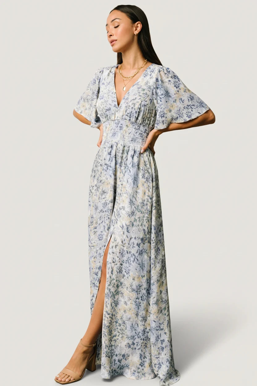 Verona Smocked Maxi Dress | White + Blue Print Main image