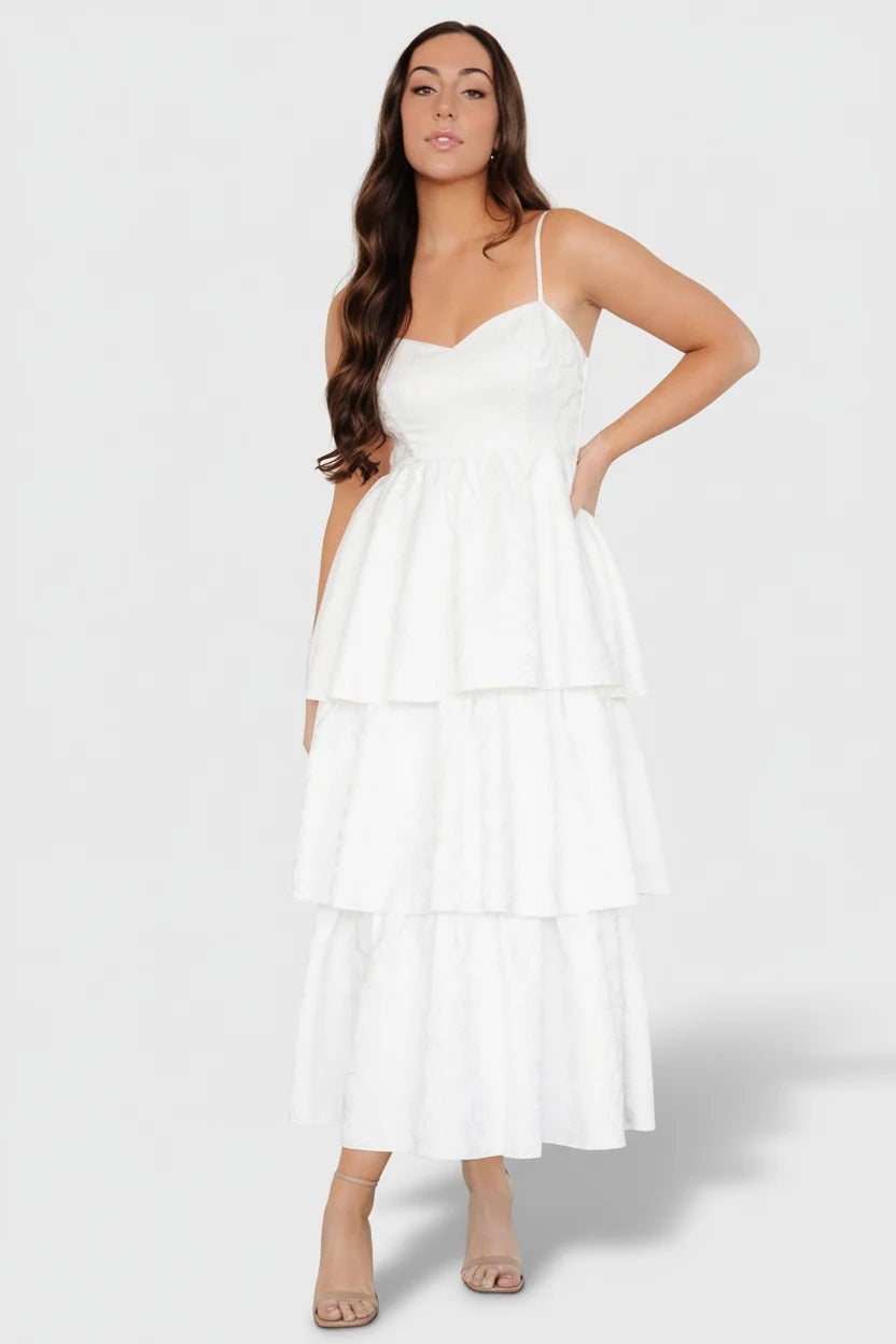 Violetta Embossed Tiered Dress | Off White